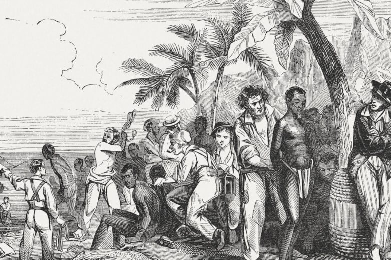 Ilustración de un mercado de esclavos en la costa africana en el siglo XIX (1855).