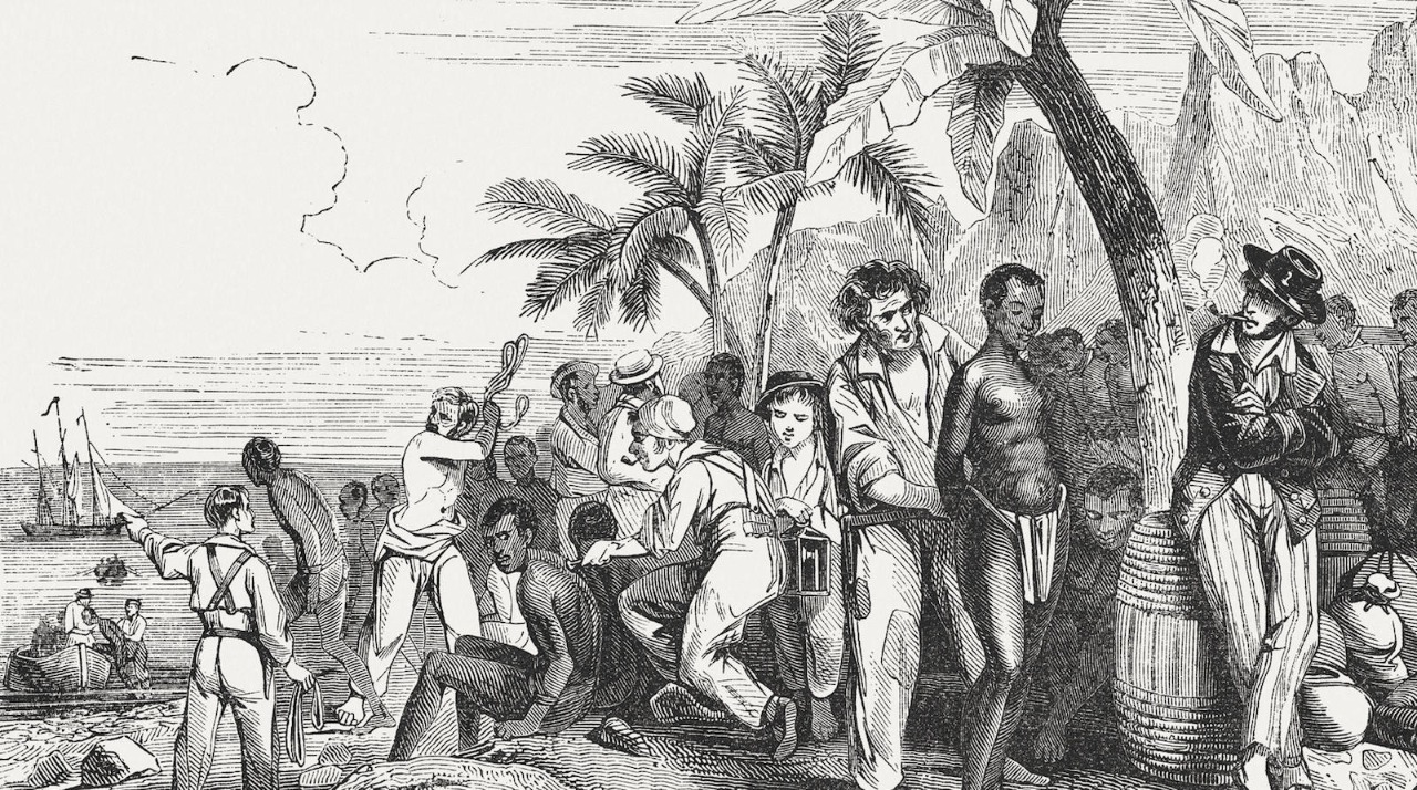 Ilustración de un mercado de esclavos en la costa africana en el siglo XIX (1855).